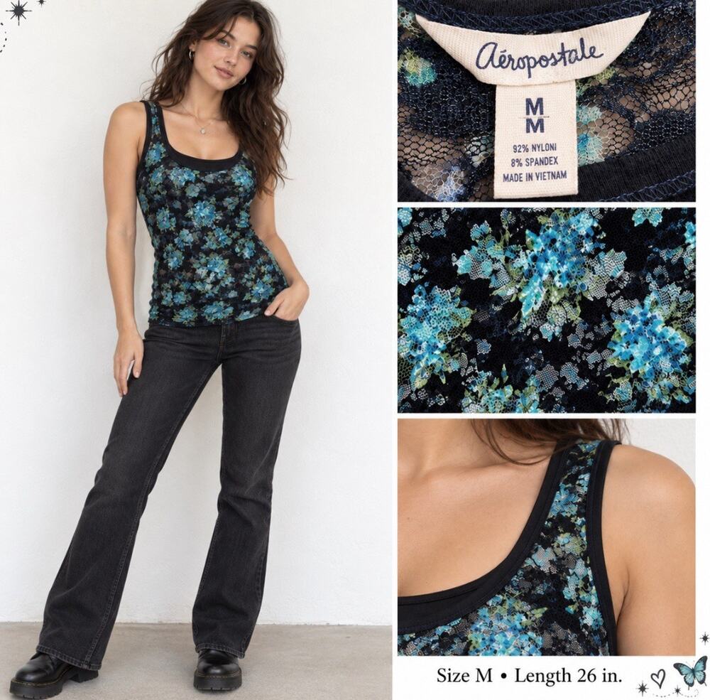 Y2K Indie Sleaze 2000s Aeropostale Floral Lace Mesh Tank Top Size M Black Blue